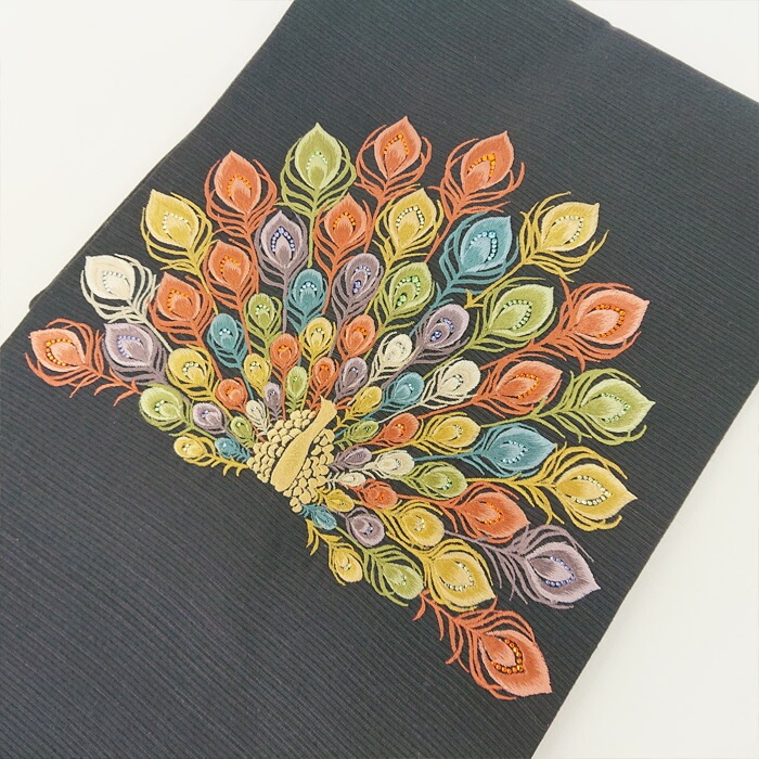衿秀 公式 帯 名古屋帯 おび 九寸 仕立て上がり 孔雀 黒 刺繍