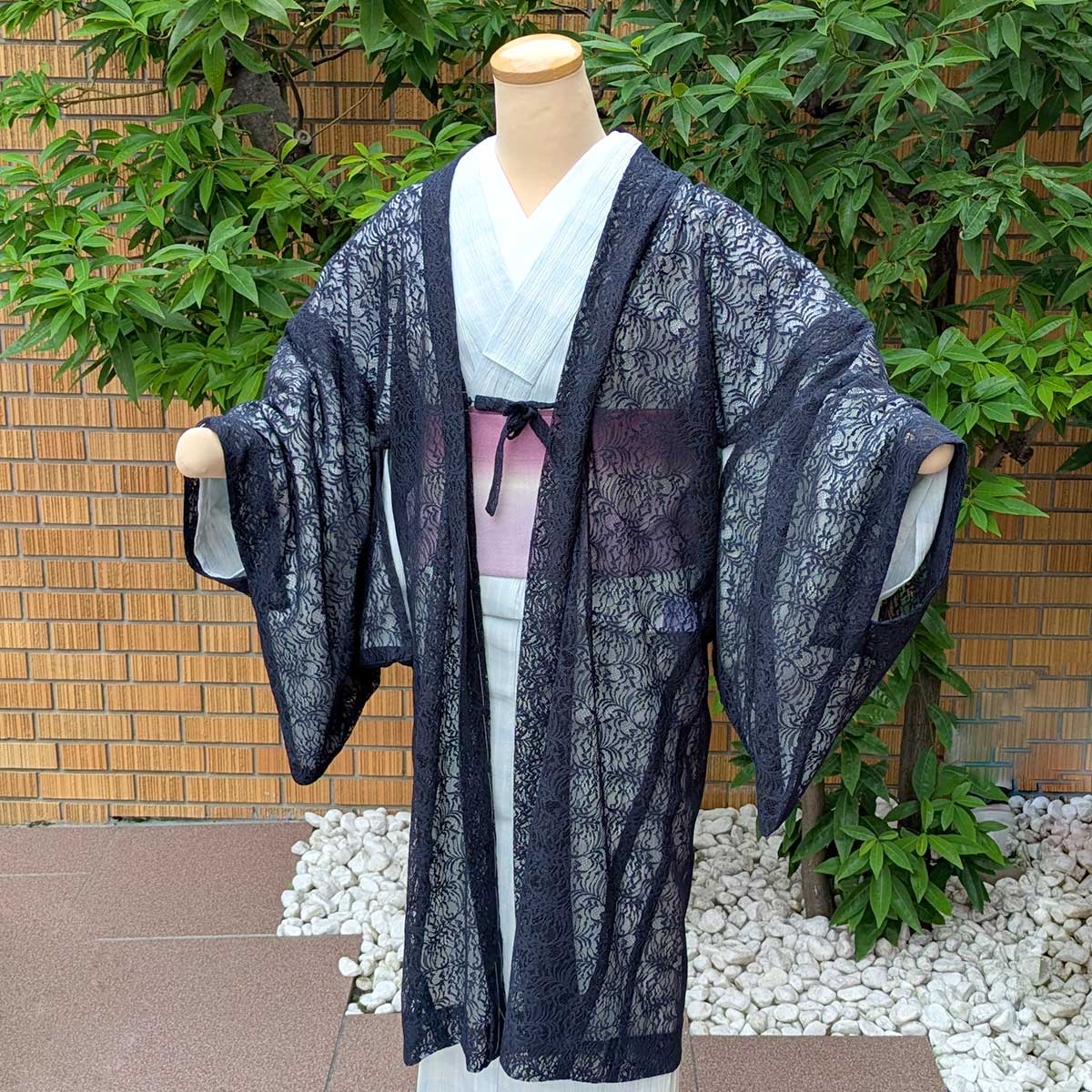 ストライプ柄前開きベスト、野良着、現代紗織、絣　着物　古布 名古屋帯 紗 献上柄) 日本製 お仕立て上がり 夏用 着物