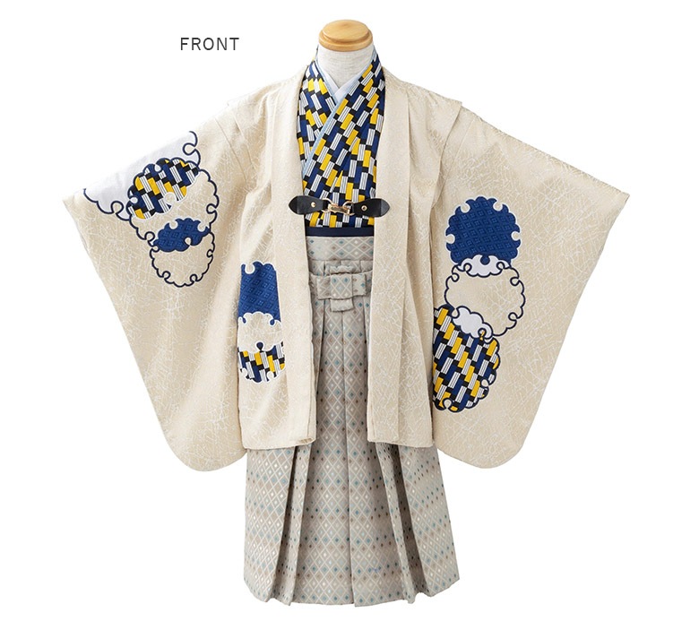 男の子羽織袴セット ポリ 黄モダン/格子 一体型 3才 中国製 | 子供和装 
