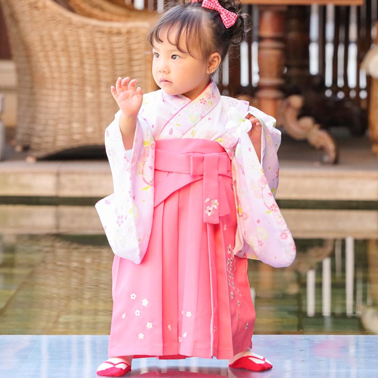 ベビー女の子着物袴セット 薄紫 鞠/桜と星・サーモンピンク 中国製