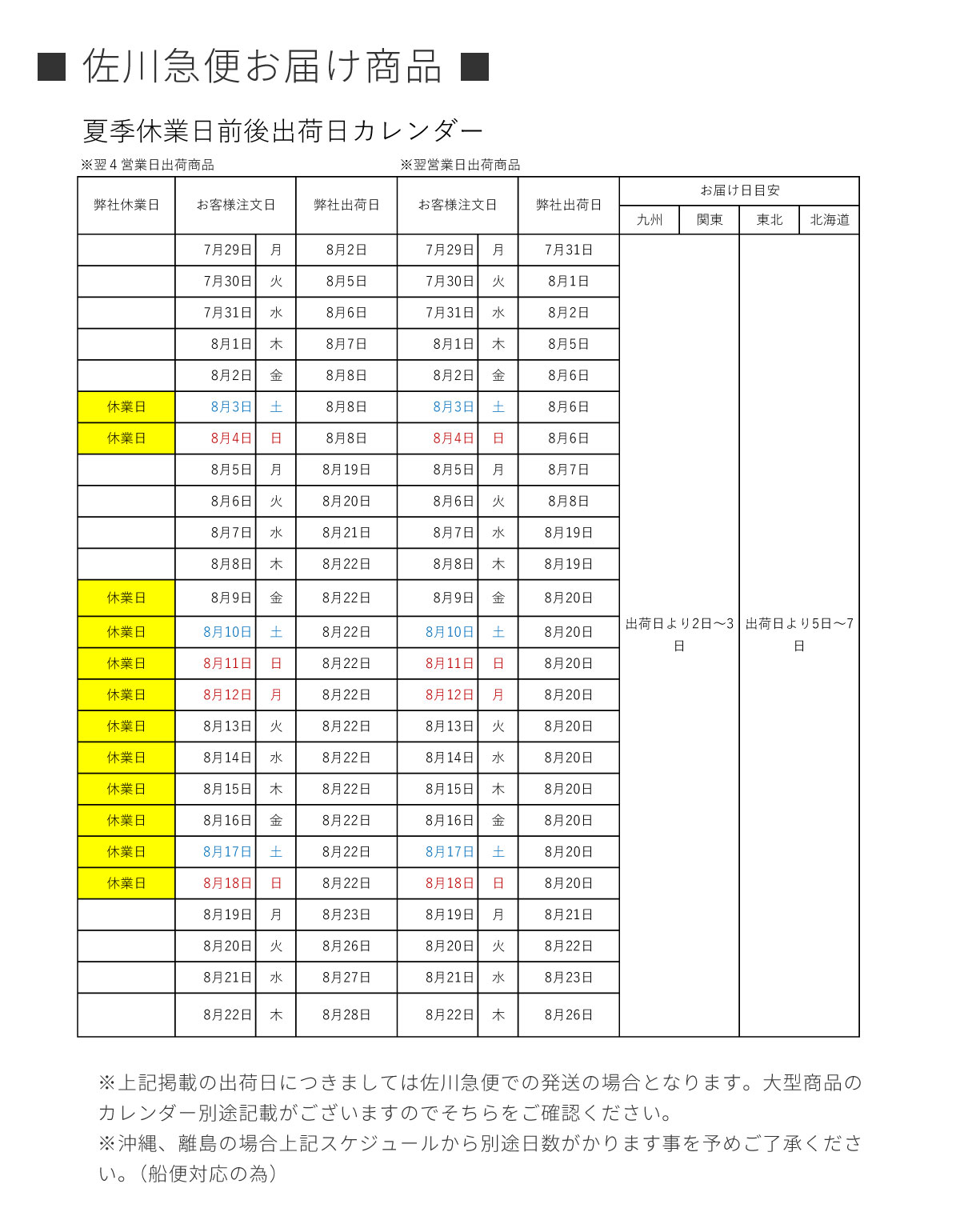 佐川急便お届け商品の夏季休業カレンダー