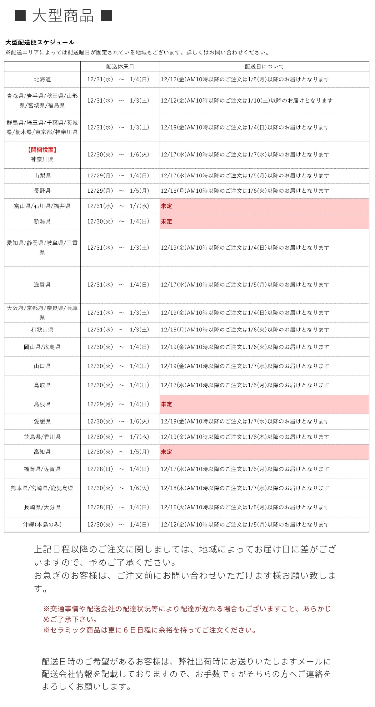 年末年始休業と配送のご案内