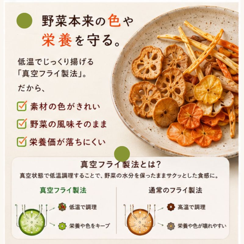 野菜サクッチ　原材料は野菜、こめ油、塩のみ