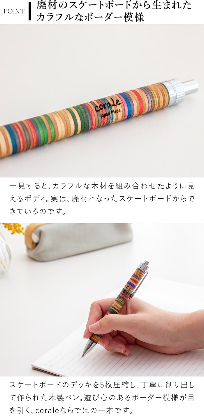廃材スケボーのデッキ5枚を圧縮・削り出したボーダー模様ペン