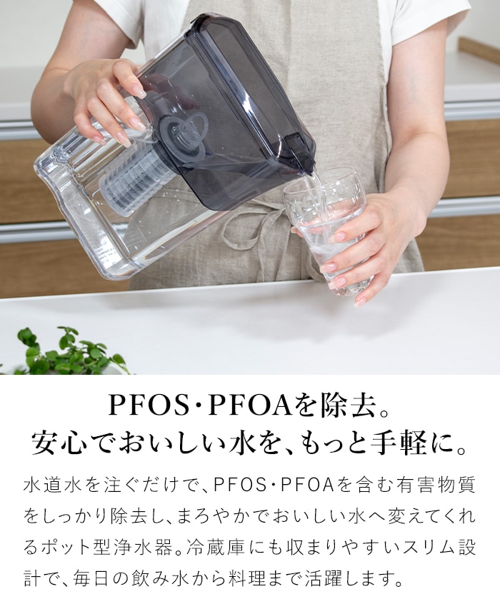 ポット型浄水器 Miz-U ミズユー PFOS・PFOA除去対応 浄水ポット スリム 冷蔵庫ポケット対応 備長炭フィルター