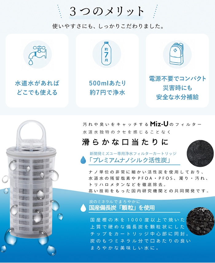ポット型浄水器 Miz-U ミズユー PFOS・PFOA除去対応 浄水ポット スリム 冷蔵庫ポケット対応 備長炭フィルター