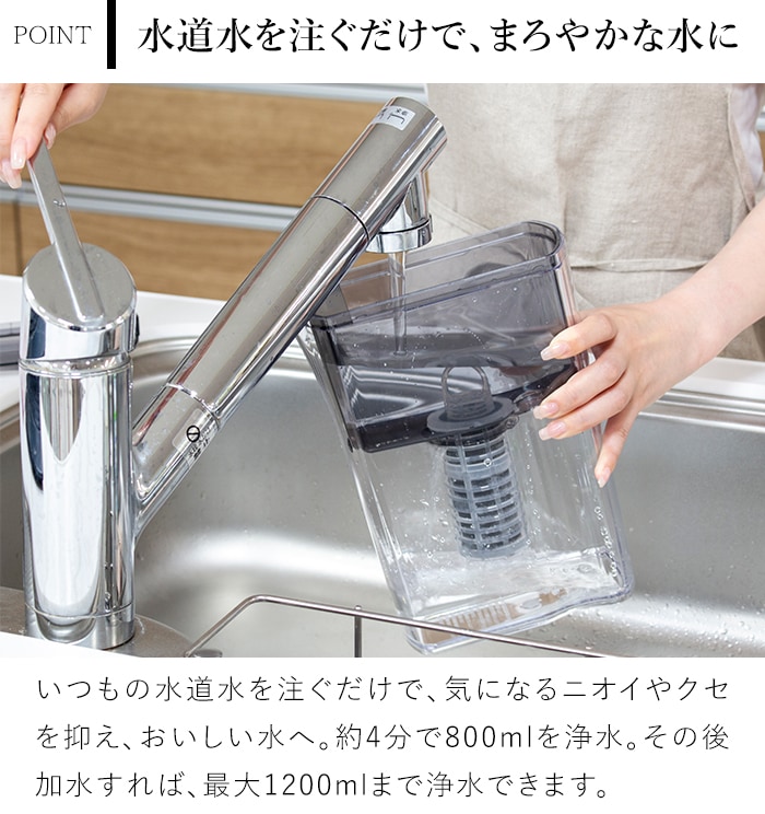 ポット型浄水器 Miz-U ミズユー PFOS・PFOA除去対応 浄水ポット スリム 冷蔵庫ポケット対応 備長炭フィルター