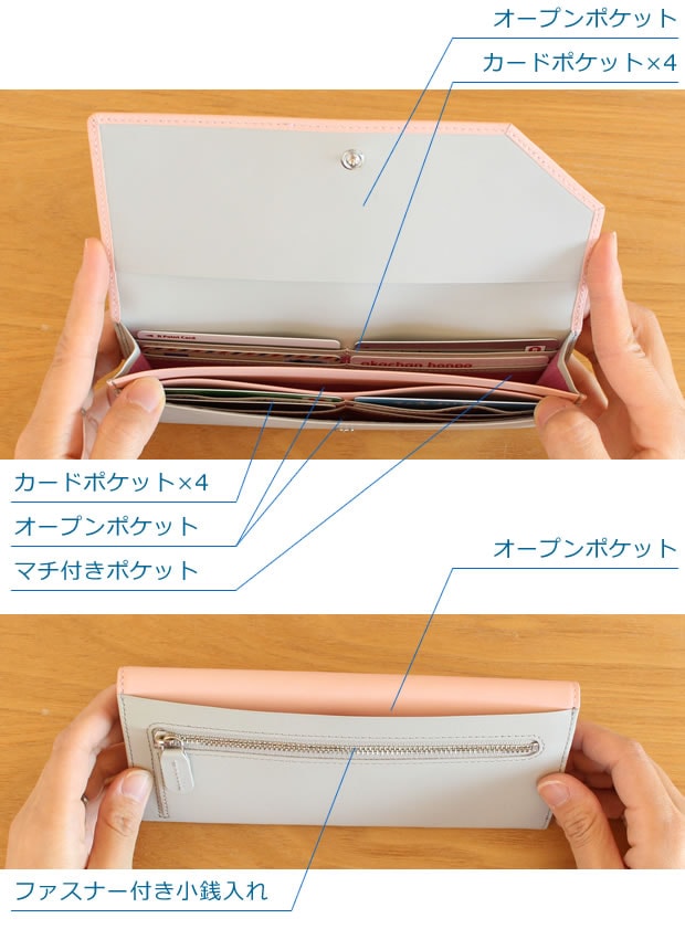 長財布 レディース 本革 財布 二つ折り 薄い 薄型 軽い 軽量 日本製 紗蔵 バイカラー ピンク × グレー ネイビー × グレー