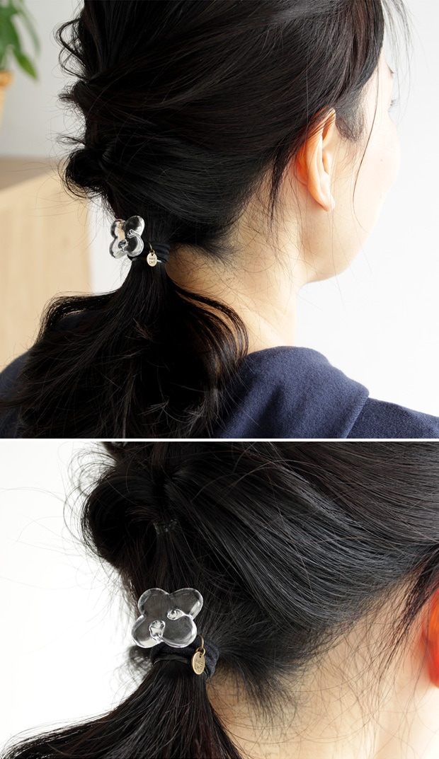 ハリオ ヘアゴム ホワイトフラワー 花 四つ葉 ガラス製 HARIO Lampwork Factory 手作り 日本製 ヘアアクセサリー 大人っぽい レディース