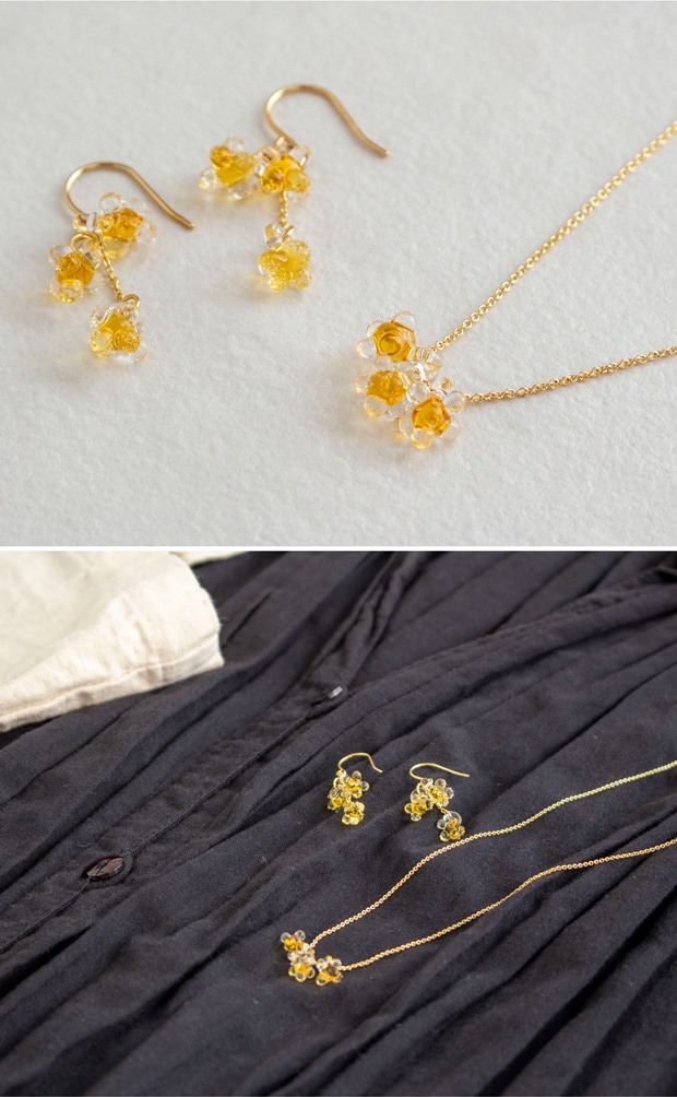 ハリオ ピアス ひとふさのミモザ 花 ガラス製 HARIO Lampwork Factory 手作り 日本製 小ぶり