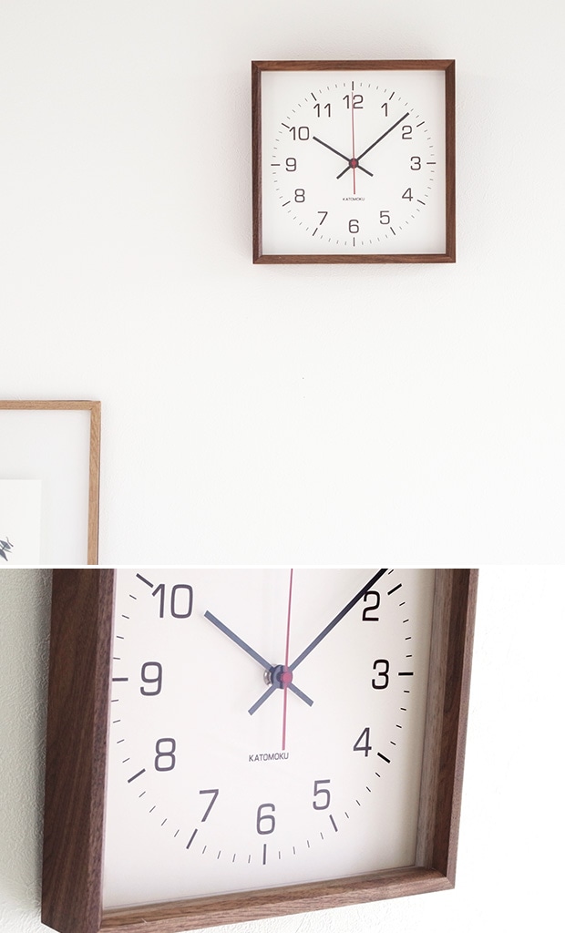 加藤木工 カトモク KATOMOKU Square clock 2 ブラウン ウォールナット 電波時計 壁掛け スクエア 四角 スイープムーブメント