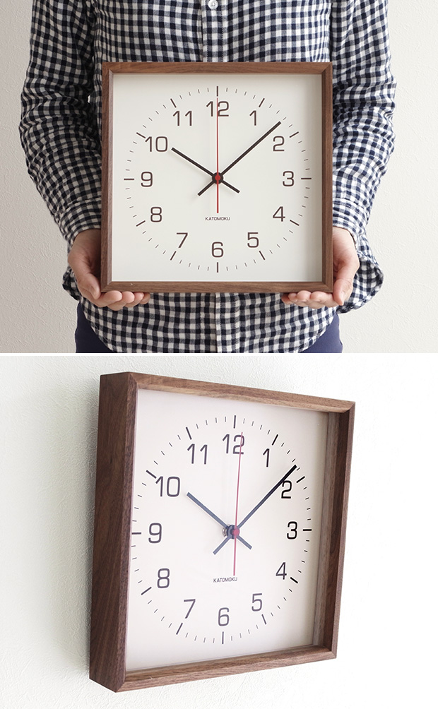 加藤木工 カトモク KATOMOKU Square clock 2 ブラウン ウォールナット 電波時計 壁掛け スクエア 四角 スイープムーブメント