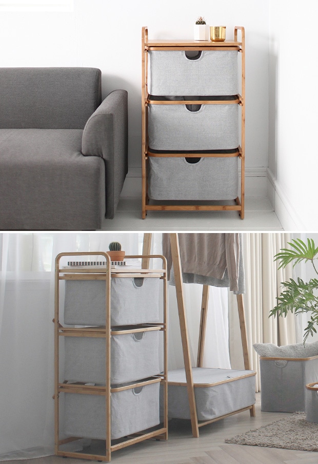 GUDEE 引き出し収納 3段 リビング チェスト 収納ボックス 衣類 竹 バンブー 布 Ceser-Storage drawer GudeeLife　GUDEE
