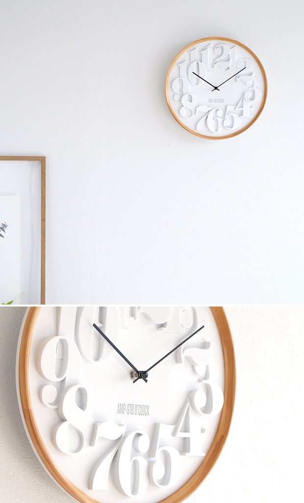 掛け時計 おしゃれ 木製 レジン ホワイト シンプル 立体 壁掛け時計 ステップ式 秒針なし ガラスなし AMPERSAND AMP-C038