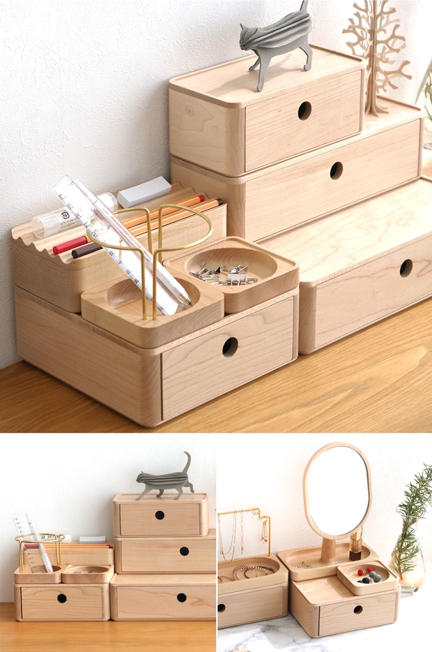 スタッキング チェスト 卓上 収納 シングル ドロワー 引き出し 1段 180×180mm 木製 小物入れ Wooden Desk Organizer Drawer Jeantopia ジントピア