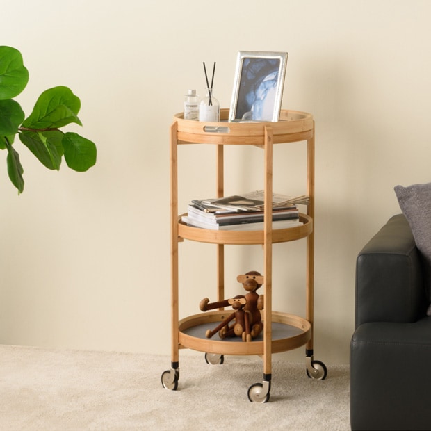 GUDEE キッチンワゴン 3段 キッチンカート サイドテーブル キャスター付き トレー 竹 バンブー 布 Roca 3-tier bar cart