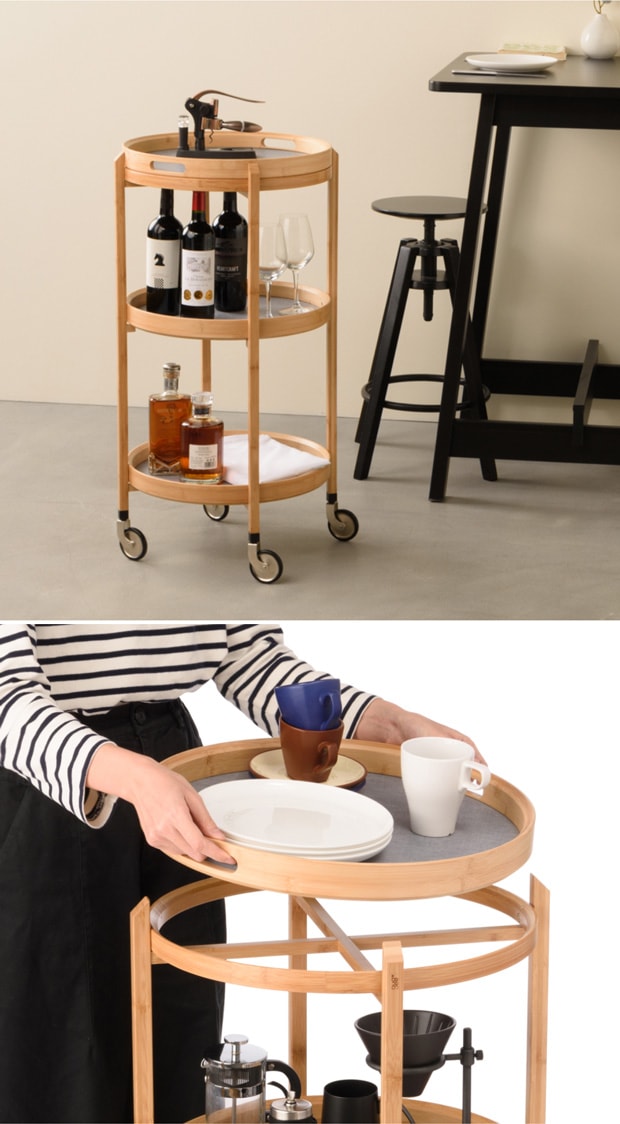 GUDEE キッチンワゴン 3段 キッチンカート サイドテーブル キャスター付き トレー 竹 バンブー 布 Roca 3-tier bar cart　GUDEE
