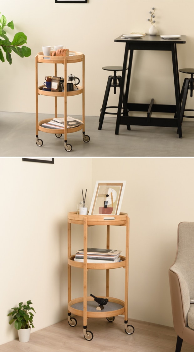 GUDEE キッチンワゴン 3段 キッチンカート サイドテーブル キャスター付き トレー 竹 バンブー 布 Roca 3-tier bar cart　GUDEE