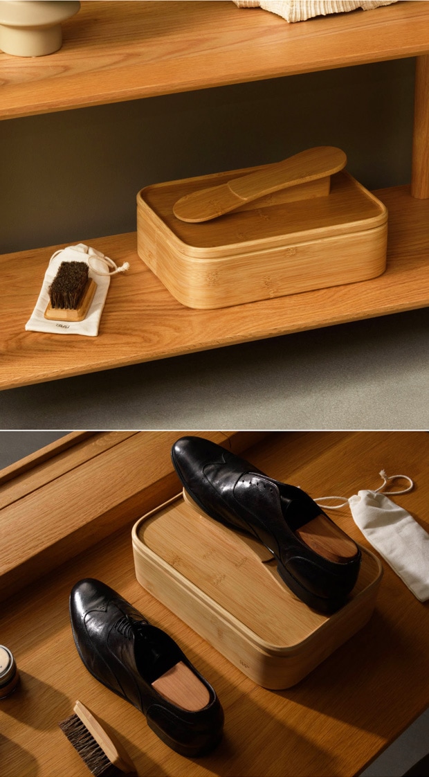 GUDEE シューケア収納ボックス 靴磨き 道具 収納 馬毛ブラシ付き 木製 竹 RICO Bamboo shoe shine valet box GudeeLife グディ グッディ　GUDEE