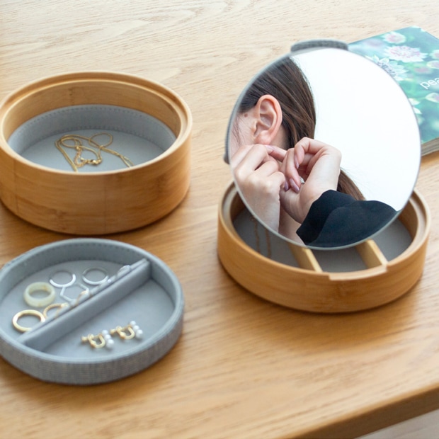 GUDEE ミラー付き ジュエリーボックス アクセサリーケース 木製 竹 バンブー 布 ラウンド型 JULI Jewelry box with mirror GudeeLife グディ グッディ