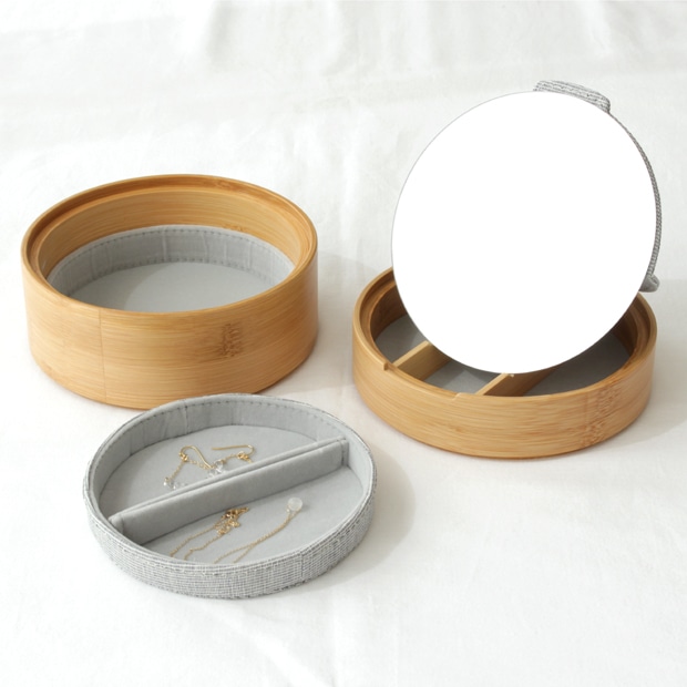 GUDEE ミラー付き ジュエリーボックス アクセサリーケース 木製 竹 バンブー 布 ラウンド型 JULI Jewelry box with mirror GudeeLife グディ グッディ