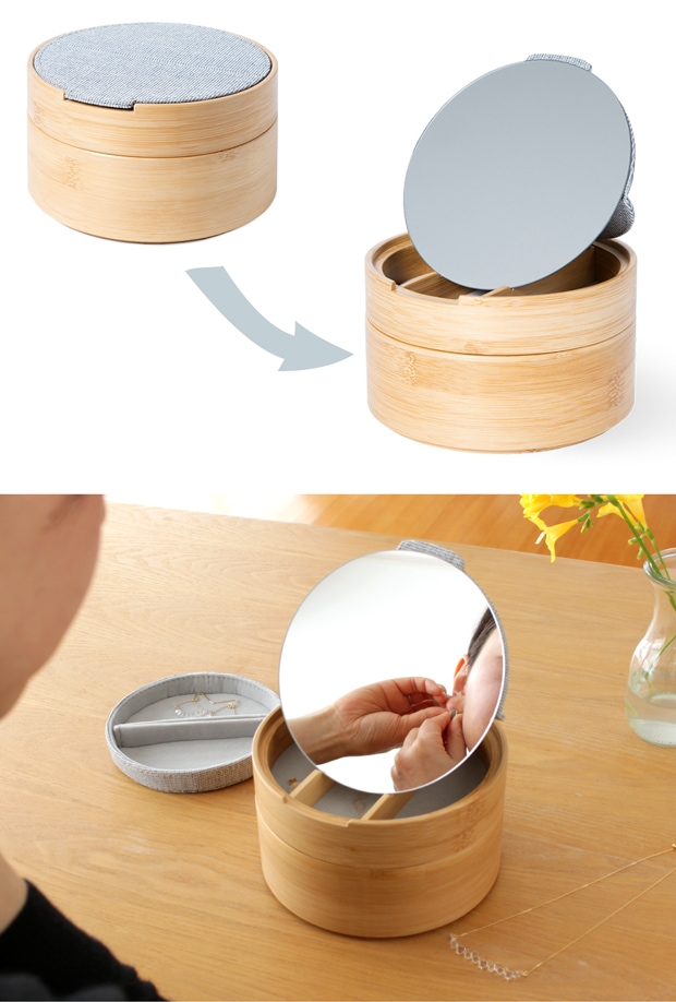 GUDEE ミラー付き ジュエリーボックス アクセサリーケース 木製 竹 バンブー 布 ラウンド型 JULI Jewelry box with mirror GudeeLife グディ グッディ