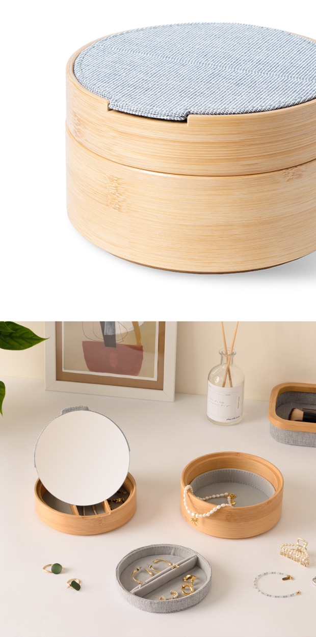 GUDEE ミラー付き ジュエリーボックス アクセサリーケース 木製 竹 バンブー 布 ラウンド型 JULI Jewelry box with mirror GudeeLife グディ グッディ