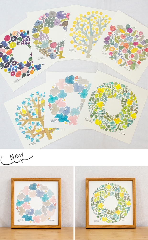 バーズワーズ ポスター 20 正方形 20×20cm 鳥 花 リース ミモザ ブーケ アートポスター 伊藤利江 BIRDS' WORDS 日本製