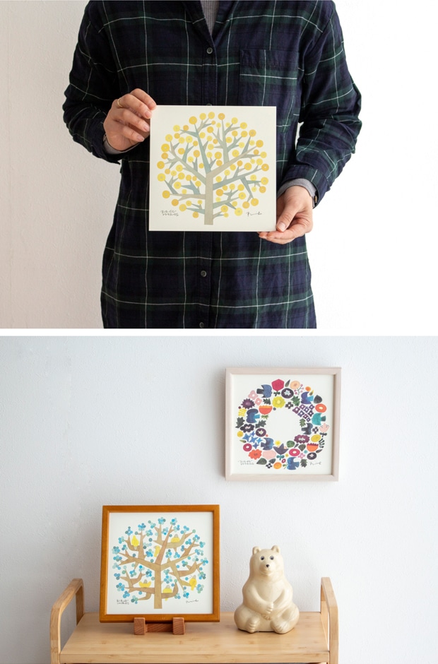 バーズワーズ ポスター 20 正方形 20×20cm 鳥 花 リース ミモザ ブーケ アートポスター 伊藤利江 BIRDS' WORDS 日本製