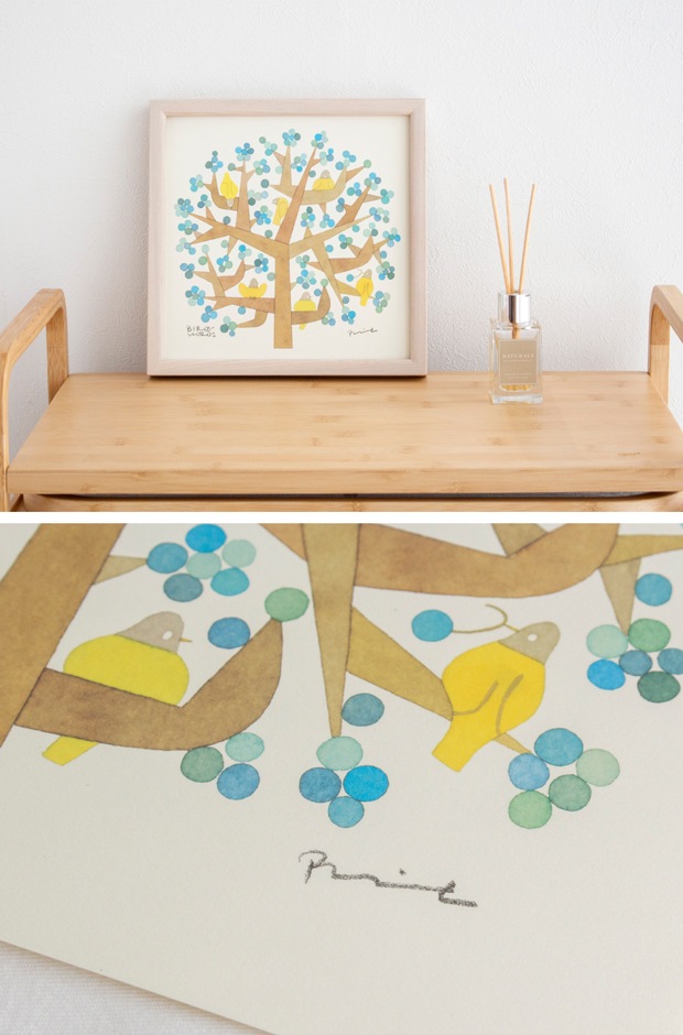 バーズワーズ ポスター 20 正方形 20×20cm 鳥 花 リース ミモザ ブーケ アートポスター 伊藤利江 BIRDS' WORDS 日本製