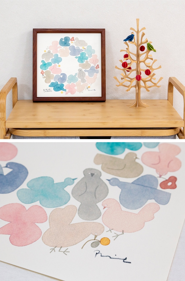 バーズワーズ ポスター 20 正方形 20×20cm 鳥 花 リース ミモザ ブーケ アートポスター 伊藤利江 BIRDS' WORDS 日本製