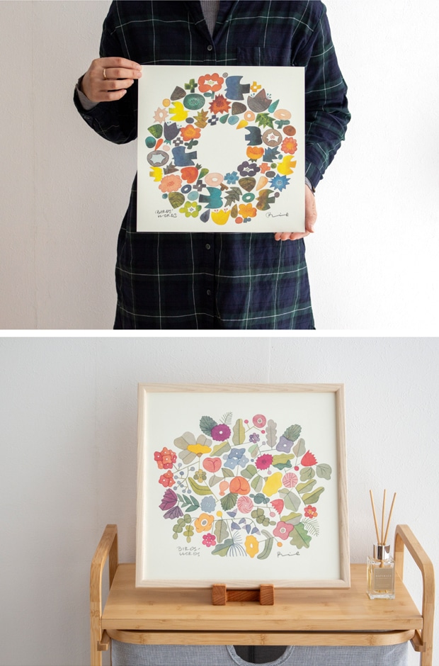 バーズワーズ ポスター 30 正方形 30×30cm 鳥 花 リース ミモザ ブーケ アートポスター 伊藤利江 BIRDS' WORDS 日本製