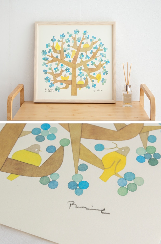 バーズワーズ ポスター 30 正方形 30×30cm 鳥 花 リース ミモザ ブーケ アートポスター 伊藤利江 BIRDS' WORDS 日本製