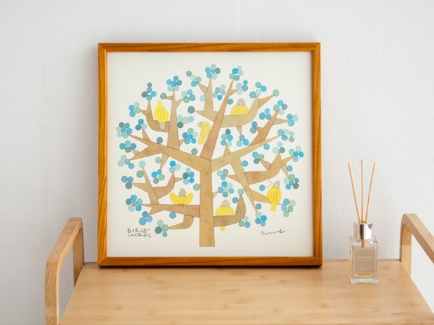 バーズワーズ ポスター フレーム付き 30 tree of life ツリーオブライフ 木製 正方形 30×30cm ポスターフレーム 鳥 花 アートポスター 伊藤利江 BIRDS' WORDS