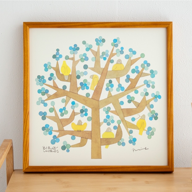 バーズワーズ ポスター フレーム付き 30 tree of life ツリーオブライフ 木製 正方形 30×30cm ポスターフレーム 鳥 花 アートポスター 伊藤利江 BIRDS' WORDS