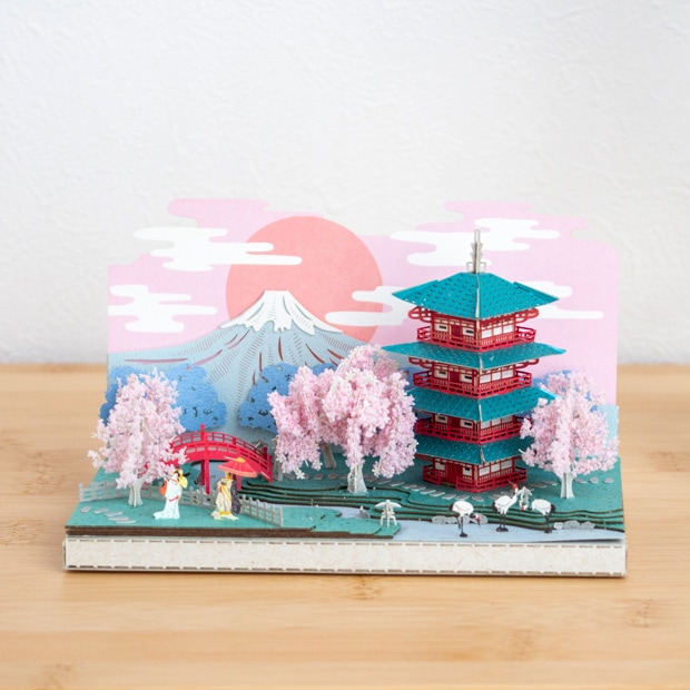 ペーパークラフト キット 日本の四季 春の桜と富士山 ミニチュア 紙製 DIY 立体パズル 大人 紙風景 紙の風景 Jeantopia ジントピア