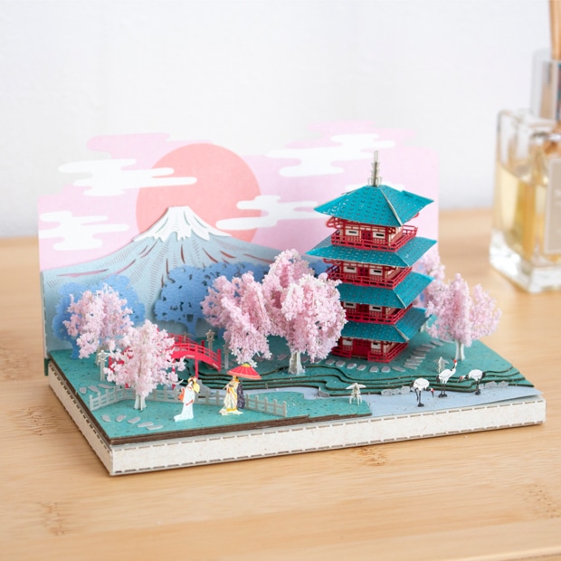 ペーパークラフト キット 日本の四季 春の桜と富士山 ミニチュア 紙製 DIY 立体パズル 大人 紙風景 紙の風景 Jeantopia ジントピア
