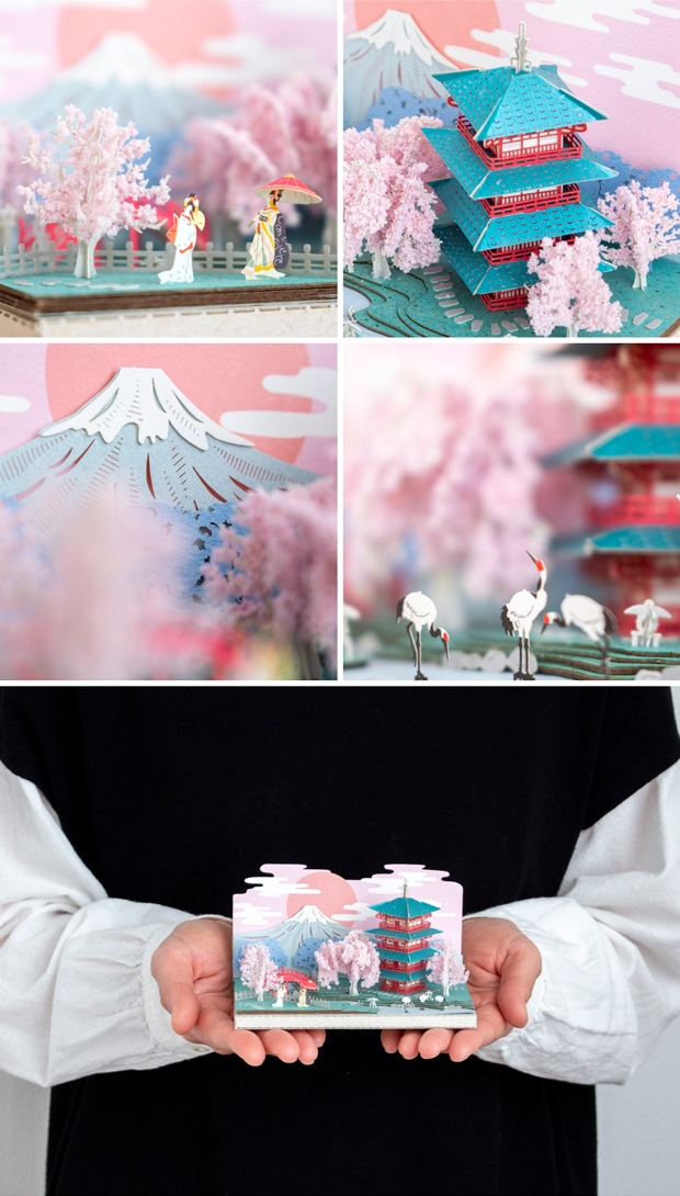 ペーパークラフト キット 日本の四季 春の桜と富士山 ミニチュア 紙製 DIY 立体パズル 大人 紙風景 紙の風景 Jeantopia ジントピア
