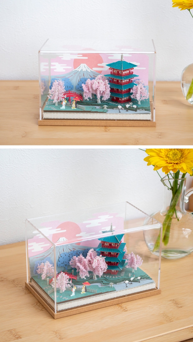 ペーパークラフト キット 日本の四季 春の桜と富士山 ミニチュア 紙製 DIY 立体パズル 大人 紙風景 紙の風景 Jeantopia ジントピア