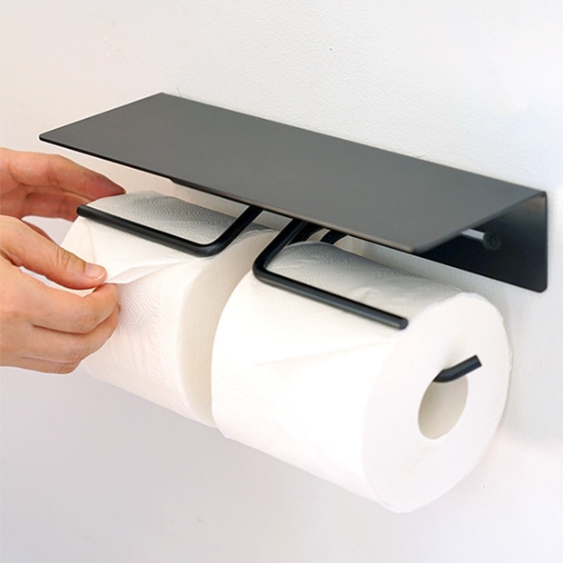 put ペーパーホルダー ダブル アイアン トイレットペーパーホルダー 2連 棚付 鉄 ブラック インテリア雑貨 AXCIS アクシス