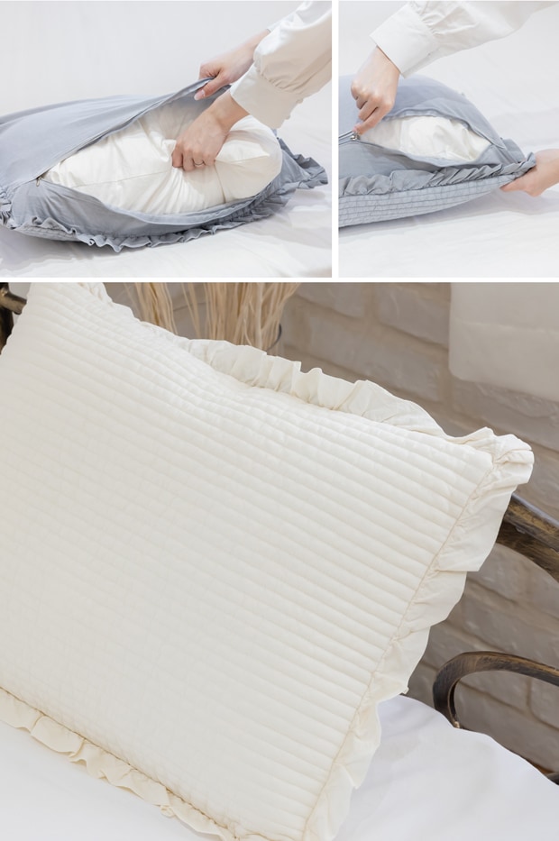 イブル 枕カバー フリル付き 43×63cm オーガニックコットン 8182 韓国イブル 洗える 丸洗い Striped ibul ストライプイブル