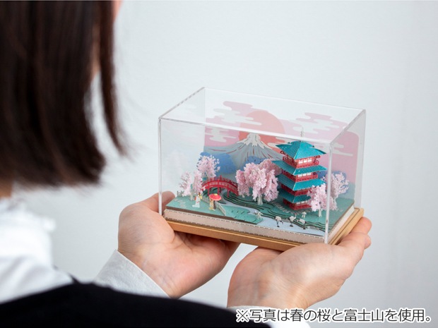 ペーパークラフト アクリルケース セット 日本の四季 秋の楓と奈良の鹿 ミニチュア 紙製 紙風景 紙の風景 Jeantopia ジントピア