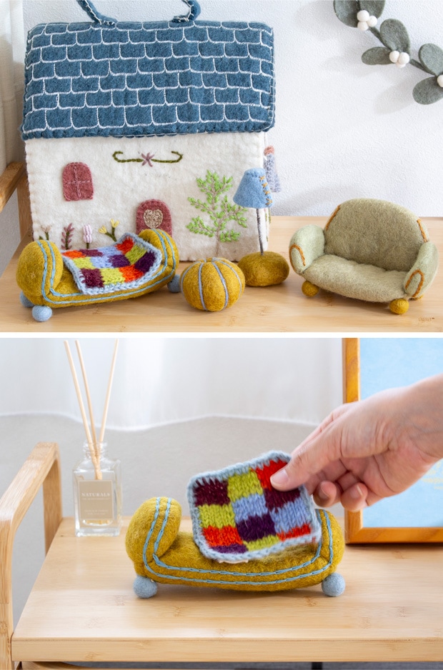 Gry&Sif ミニチュア ブランケット付ベッド 家具 フェルト 北欧 ハンドメイド オーナメント 飾り フェアトレード グライアンドシフ
