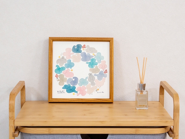 バーズワーズ ポスター フレーム付き 20 birds wreath バーズリース 木製 正方形 20×20cm ポスターフレーム 鳥 花 アートポスター 伊藤利江 BIRDS’ WORDS