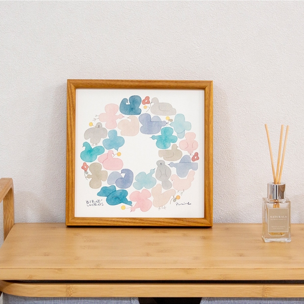バーズワーズ ポスター フレーム付き 20 birds wreath バーズリース 木製 正方形 20×20cm ポスターフレーム 鳥 花 アートポスター 伊藤利江 BIRDS’ WORDS
