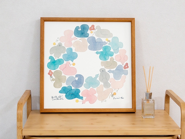 バーズワーズ ポスター フレーム付き 30 birds wreath バーズリース 木製 正方形 30×30cm ポスターフレーム 鳥 花 アートポスター 伊藤利江 BIRDS’ WORDS
