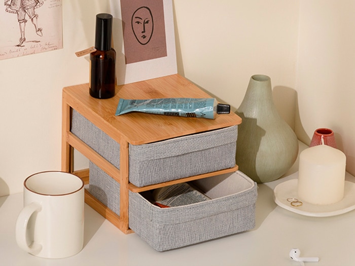 GUDEE 収納ケース 卓上 引き出し 2ドロワー 2段 小物収納 竹 バンブー 布 Ree-Desktop 2drawer cabinet GudeeLife