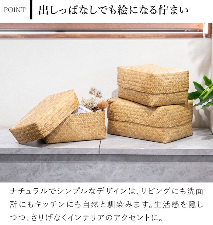 蓋付き 収納かご M 2個セット 幅36cm 長方形 ふた付き四角BOX バスケット 深型 サイアム カチュー 水草 天然素材 ハンドメイド 収納ボックス 水草のかご Siam タイプB