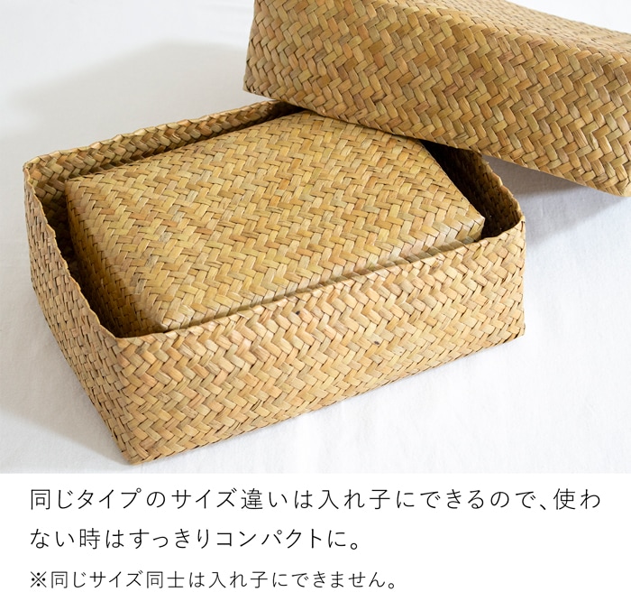蓋付き 収納かご 長方形 2個セット ふた付き四角BOX バスケット 浅型 サイアム カチュー 水草 天然素材 ハンドメイド 収納ボックス 水草のかご Siam タイプC