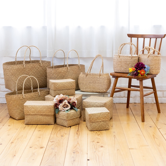 蓋付き 収納かご 長方形 2個セット ふた付き四角BOX バスケット 浅型 サイアム カチュー 水草 天然素材 ハンドメイド 収納ボックス 水草のかご Siam タイプC